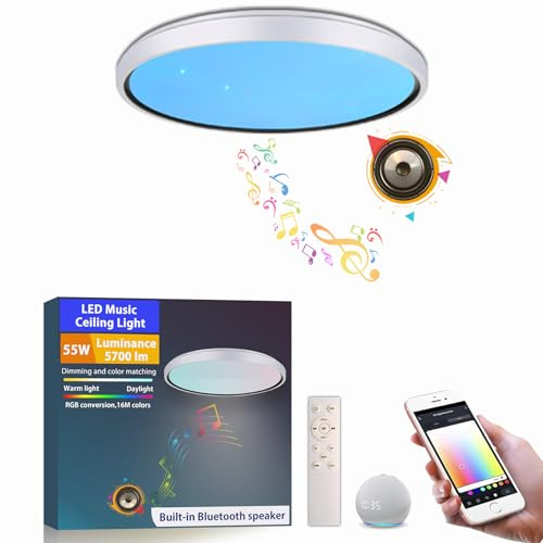 chysongoods Plafoniera musicale LED YB da 50 cm, paralume con effetto cornice bianca, compatibile con Alexa, altoparlante Bluetooth integrato, effetto luce RGB, dimmerabile, fornita con telecomando
