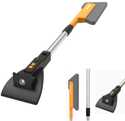 Kwak's 3 in1 Auto Eiskratzer，Eiskratzer Auto mit Besen,Schneebesen Abnehmbarer Skalierbar Eisschaber Mit LED Lichter