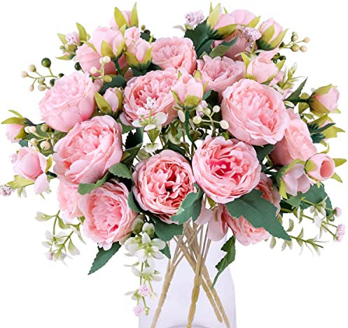 Floweroyal 4 Bunches Peony Artificial Flowers Pink Flowers Silk Peonies Bouquets for Wedding Party Table Centerpieces Floral Arrangement Home Kitchen Decor