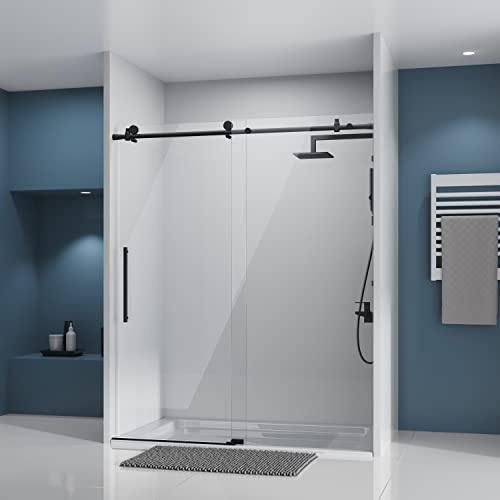 DELAVIN Frameless Shower Door, 56-60 W x 75 H Glass Shower Doors, 5/16(8mm) Thick SGCC Certified Clear Tempered Glass with Explosion-Proof Film, Easy to Clean, Stainless Steel Guide Rail, Black