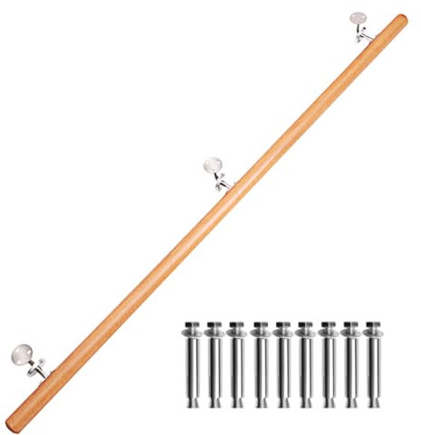 INMOZATA Handrails for Stairs, 200CM/6.6FT Wooden Stair Banister Rail, Classic & Safety Indoor Wall Mounted Exterior Stairs Handrail for Elderly Kids Non-Slip Staircase Banister Spindle with Fittings