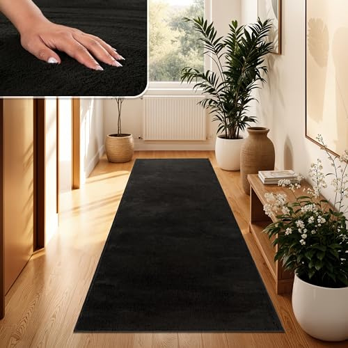 Paco Home Moderner Kuscheliger Wohnzimmer Teppich Kurzflor waschbar flauschig Weich Einfarbig Felloptik zeitlos stilvoll rutschfest pflegeleicht, Grösse:60x100 cm, Farbe:Schwarz