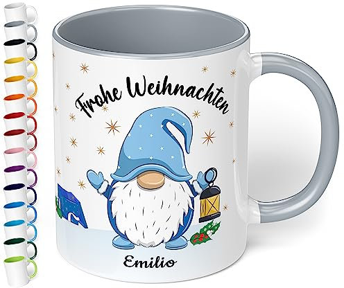 True Statements Weihnachtstasse mit Namen personalisiert „Frohe Weihnachten Wunschname“ - 330ml Keramik Kaffeebecher mit Wichtel-Motiv und Spruch – Geschenk zu Weihnachten (Grau)