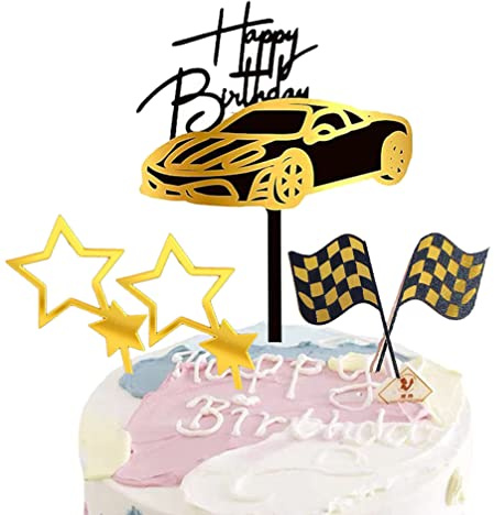 Houhounb 5 Stück Rennthema Geburtstag Tortenstecker Happy Birthday Cake Topper Acryl Kuchen Topper Sportwagen Glitter Stern Banner Tortendekoration für Männer Jungen Geburtstagsfeier Partys, Golden