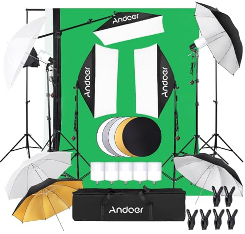 Andoer Softbox Lighting Kit 5500K 40W Light Bulb, Photography Lighting Kit with 50 * 70cm Softbox, 85cm White Photography Umbrella, 2m Light Stand, 2 * 3m Backdrop, Softbox Kit for Studio Photography
