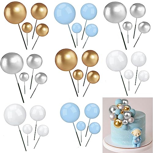 YiYFiT Colorful Balls Cake Topper,32Pcs Round Foam Balloon Cake Picks Decorations 4 Colors 4 Sizes Mini Cupcake Toppers DIY Boys Cake Insert Topper Decoration for Wedding Anniversary Birthday Party