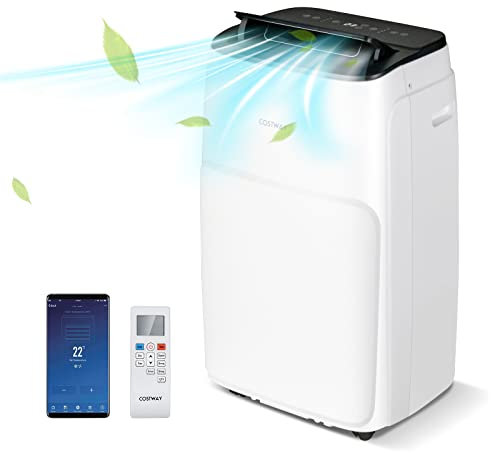 COSTWAY Aire Acondicionado Portátil 4 en 1, AC de 14000 BTU con Ventilador Multivelocidad y Temporizador de 24 Horas, Control Remoto y Pantalla LED, Calentar, Deshumidificar y Enfriar (14000 BTU)