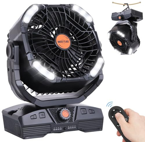 WESTTREE X68 campingfläkt, 20 000 mAh, batteridriven uppladdningsbar campingfläkt med ljus och krok, 270° vridbar, knapphastighet, personlig USB-skrivbordsfläkt för camping, strömavbrott