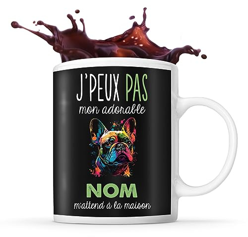 Planetee Tasse Bouledogue Français Adorable m'attend à la maison Prénom Nom Personnalisable | Mug Café Thé Idée Cadeau Personnalisé Homme Femme Original pour propriétaire de chien