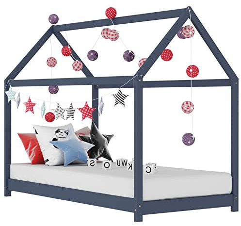 Festnight Hausbett 70 x 140 cmmit Lattenrost - Vielseitiges Holz Kinderbett 70 x 140 cm für Jungen & Mädchen - Kinder Haus Bett aus Kiefer Holz Jugendbett Massivholz Grau