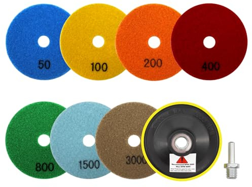 VENJELD Almohadillas Pulido Diamante Seco - 8 Piezas 100mm Discos Pulido Grano 50x3/100x3/200x2 con M14 Plato Apoyo+Adaptador para Granito Mármol Piedra Artificial para Amoladora Angular