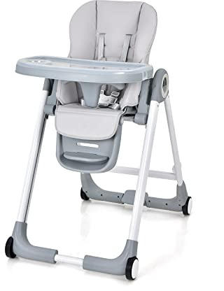 COSTWAY Seggiolone Pappa, Seggiolone Pieghevole con 4 Ruote, Seggiolone per Bambini con Altezza, Schienale e Poggiapiedi Regolabili, Vassoio Rimovibile, per Bambini 6-36 Mesi, Fino a 15 kg