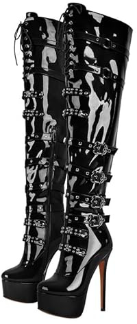 blingqueen Women's Platform Thigh High Boots with Zipper Lace Up Stiletto Heel Over The Knee High Boots