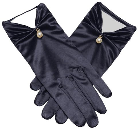 iSpchen Kurze Satin Handschuhe Perle Hochzeit Handschuhe Retro Kurze Handschuhe Bankett Kleid Handschuhe Elegant Brauthandschuhe für Hochzeits Opern und Abendessen,Schwarz