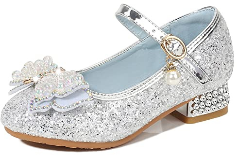YOSICIL Principessa Scarpe con Tacco da Bambine e Ragazze con Fiocchi Scarpe da Principessa con Paillettes Ragazza Ballerine Glitterate Scarpe Eleganti Partito e Carnevale,Argento,23