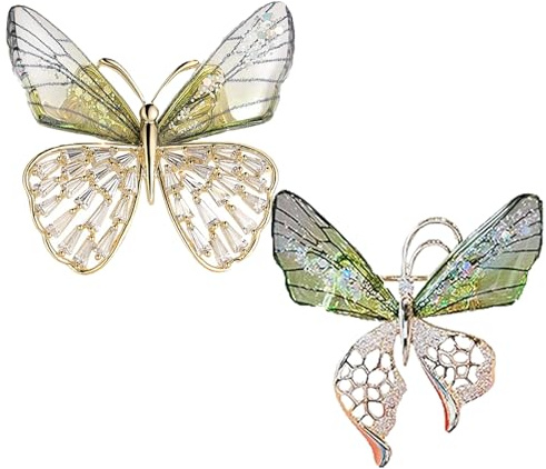 Delicados broches de mariposa para mujer, broche de cristal pequeño vintage para decoración de ropa, chal, solapa, ramo de pines de seguridad para sombrero, traje, corbata, boda, 2 unidades (Verde)