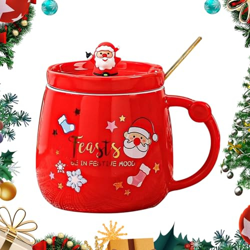 MIGIFTDY Taza de cerámica navideña con tapa y agitador, diseño festivo de copo de nieve, reno y Papá Noel, 400 ml, taza de café navideña con mini figura (B)