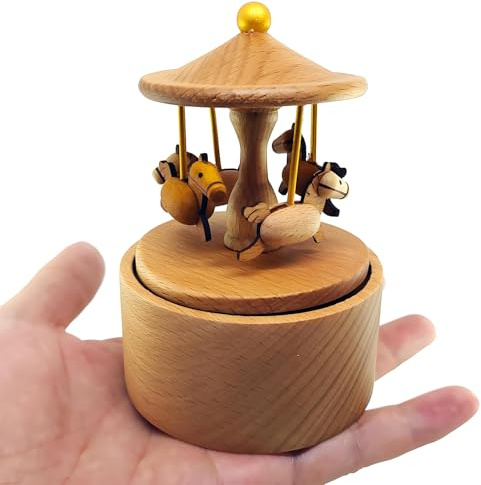 LILYXIN Mini Carousel Music Box, Palm Sized Carousel Music Box, Small Wooden Mechanical Music Box, for Friend Mother Grandmother