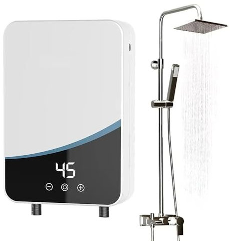 Mini calentador de agua eléctrico, 5500 W instantáneo con pantalla LED, calentamiento rápido en 3 segundos, ahorro de energía, cabezal de ducha presurizado, cocina y baño