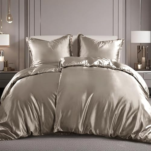 RUIKASI Parure de lit en satin 135 x 200 cm 4 pièces - Housse de couette taupe soyeuse avec éclat comme de la soie, ensemble de literie brun pour les cheveux et la peau, parure de lit brillante 135 x