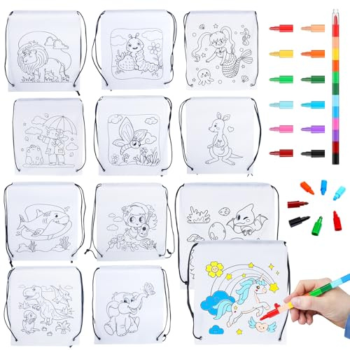 AYSYR 12 Stück, zum Ausmalen Ihrer eigenen Tasche, Partytüten für Kinderparty, vorgefüllt, Vlies, Kinder-Partytüten zum Selbermachen, mit 2 stapelbaren Buntstiften (12 Farben in 1), als