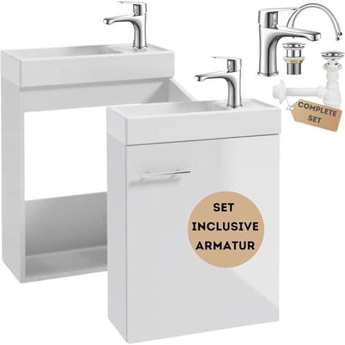 Deftrans Mobile da bagno con lavabo bianco - 50 x 70 x 21,3 cm, set pensile mobili moderni da bagno, rubinetti lavabo, armadietto stretto
