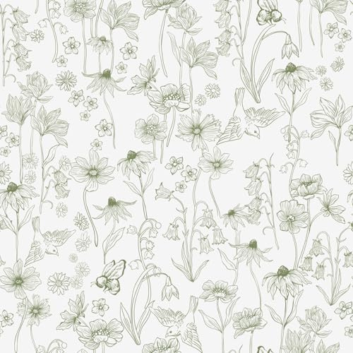 Fiula Självhäftande Tapeter Blommor Självhäftande Film Möbler Grön Och Vit Möbelfolie Blomtapet Dekorativ Folie Vintage Fåglar Bi Mönstertapet Vattentät Väggtapet Vardagsrum Sovrum Kök 44 X 1000 Cm
