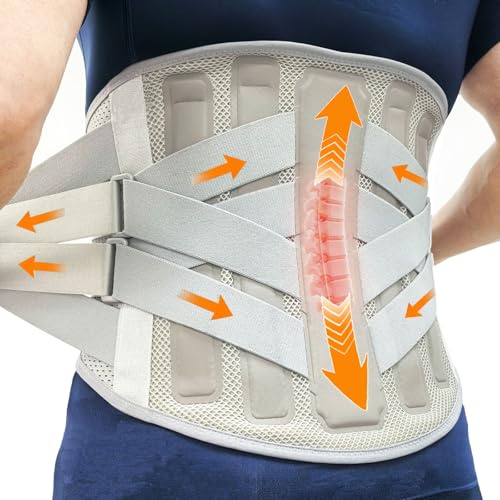 SURPOWN Back Support Belt for Lower Lumbar Pain Relief for Men and Women, Full back brace Band Strap, Sciatica Scoliosis Herniated Disc, Heavy Lifting Band for Work and Daily life, Grey L