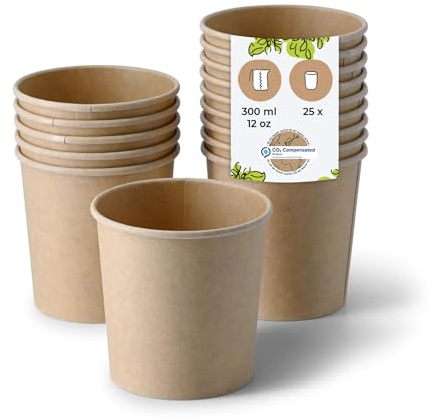 BIOZOYG Taza de Sopa 25 pieza 300 ml / 12 oz, Ø 90 mm, marrón - Taza grande, vasos carton - Vasos y platos desechables - Poke bowl, ramen bowl, vasitos aperitivos, cuenco sopa