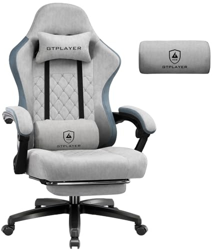 GTPLAYER Gamingstol tyg, gamingfåtölj med fickfjäderkudde, ergonomisk snurrstol, gamingstol med fotstöd 150 kg lastkapacitet, grå