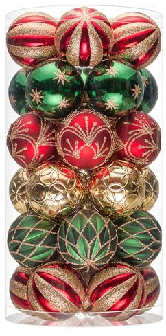 JORNOY Christmas Balls Ornaments, 30ct Shatterproof Xmas Tree Decorations, Hanging Bulbs Baubles Set with String for Holiday Home Party Decor, 2.36 inch/60mm, Red & Green & Gold