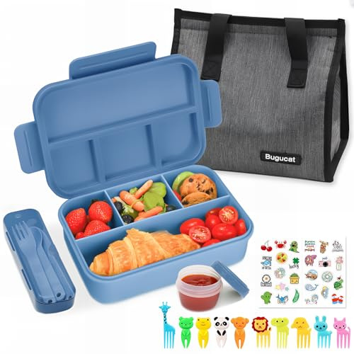 Bugucat Lonchera Bento de 1300 ml con bolsa de almuerzo, lonchera para niños y adultos con cubiertos, cajas de aperitivos con caja de salsa y 10 tenedores de frutas, caja bento con compartimentos para