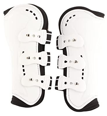 Qukaim Gamaschen für Pferde, verstellbar, atmungsaktiv, vorne offen, Schutzstiefel zum Springen, Weiß, Größe M, ideal für Pferdesport