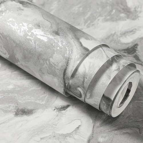 Pamatio Silver Grey Marble Textured Glitter Effect Wallpaper Non-Woven Modern Luxury Vintage Classic Swirl Pattern - Slightly Shiny Effect - for Bedroom Adults Living Room Corridor Wallpaper, 9.5m
