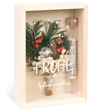 Geldgeschenk Weihnachten – Holzbox mit Trockenblumen & Reagenzglas – Kreative Weihnachts-Geldgeschenkbox – Frohe Weihnachten Motiv (Grün)