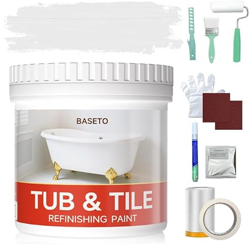 Tub Paint, Tub and Tile Refinishing Kit 16oz with Tools, Tile Refinishing Kit White Bathtub Paint Water Based &Low Odor, Easy to Use Sink for Bathroom Kitchen, Semi-Gloss White