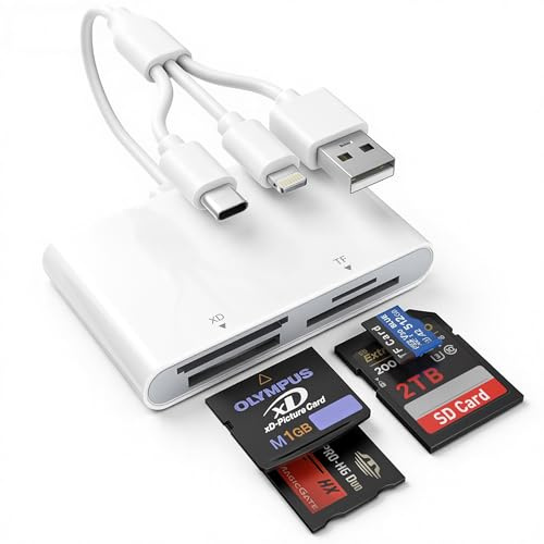 4-in-1 Memory Stick Pro Duo Adapter for iPhone/Android/PC – Lightning/USB-C/USB-A OTG Card Reader for SD/TF/MS/XD, High-Speed 480Mbps Sony Cybershot Compatible Reader, Plug & Play, No App Needed