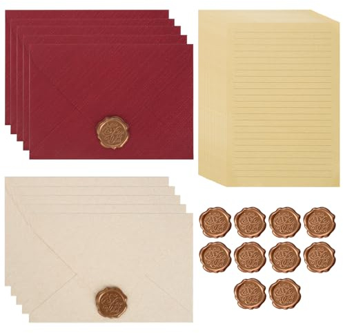 40 Stück Vintage Briefpapier Set mit Umschlägen - 20 Liniertes A5 Retro Schreibpapier, 10 Leinenumschläge, 10 Wachssiegel - Perfekt für Liebesbrief, Hochzeits- und Geburtstagseinladungen
