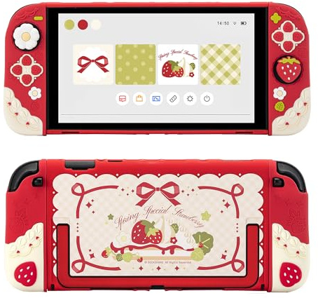 GeekShare Soft Silicone Protective Case Compatible with Switch 2 Anti-Scratch Cover Case Compatible with Switch 2 Separable Protective Shell with 2 Thumb Grip Caps - Strawberries with Cream（Red）