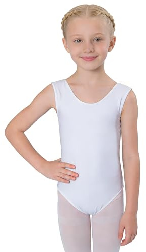 Wildarms Maillot de Ballet para Niñas sin Mangas, Leotardo de Danza Infantil para Gimnasia, Baile y Disfraces (Blanco, 4-6 años)