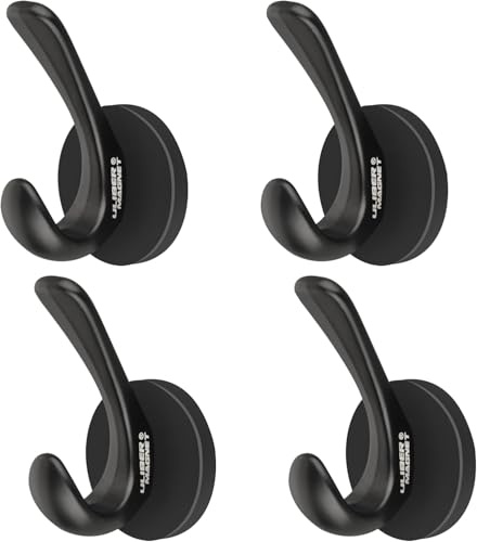 ULIBERMAGNET Ganchos dobles magnéticos fuertes, paquete de 4 ganchos magnéticos resistentes, imanes de goma, ganchos grandes para abrigo, bata, toalla, sombrero de llave (negro)