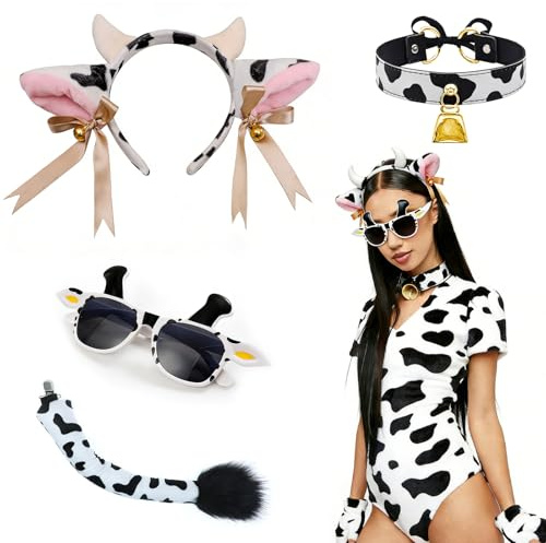 QingWing 4 Stück Kuh Kostüm Damen Set, Kuhkostüm mit Ohren Hörner Stirnband Kuh Fliege Schwanz und Kuhbrille Süße Karneval Kühe Hörner Kostüm mit Glöckchen Cow Costume, für Party Verkleidung Cosplay