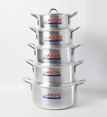 Arsh Aluminium Stockpot Set with Lids, Silver, 5 Piece, 3.5L to 9.5L Capacity, 21cm to 31cm Diameter, Heavy Duty Soup Pot Saucepan (Set)