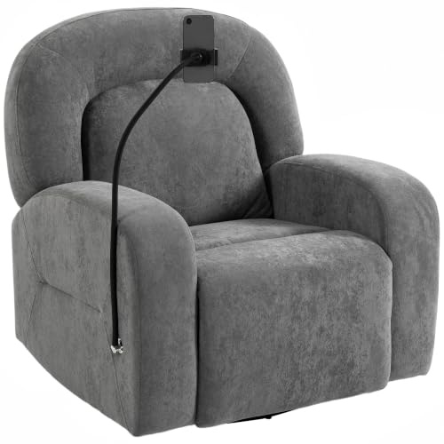 HOMCOM Sillón Relax Reclinable 3 en 1 Función Mecedora Asiento Amplio Gris | Sillón Relax, Giratorio 360°, Soporte para Teléfono, Respaldo Ancho, Tapizado en Terciopelo