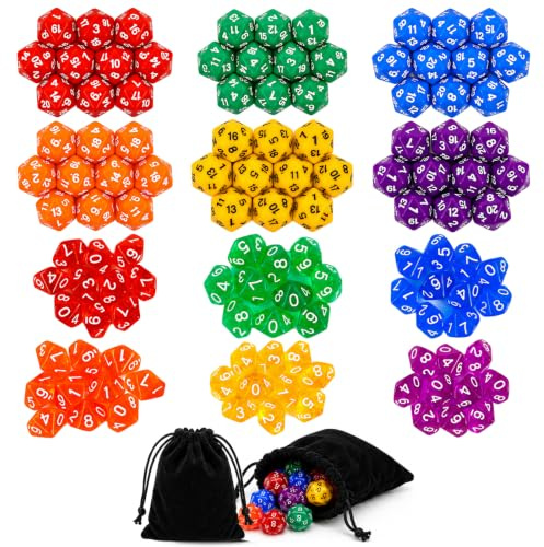 Sxutop 120 Pezzi Set di Dadi Poliedrici D10 e D20 Cubi Poliedrici in Acrilico Dadi da Gioco Colorati con 2 Borse di Velluto Nero per DND RPG MTG e Giochi da Tavolo, Gioci di Carte, Gioco di Ruolo