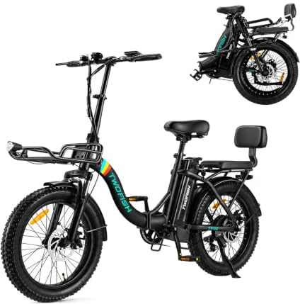 TF02 Electric Bike for Adults, 20”*3.0 Fat Tires Folding Electric Bicycle | 36V 17.8Ah Battery, 25Km/h, Cruise Control, 7 Speed, Dual Seat E Bike, 70-80km Range, Disc Brake, IP54 Waterproof