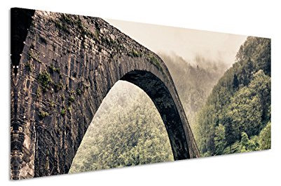 150x50cm Leinwandbild auf Keilrahmen Toskana Fluss Brücke Berge Wald Nebel Wandbild auf Leinwand als Panorama