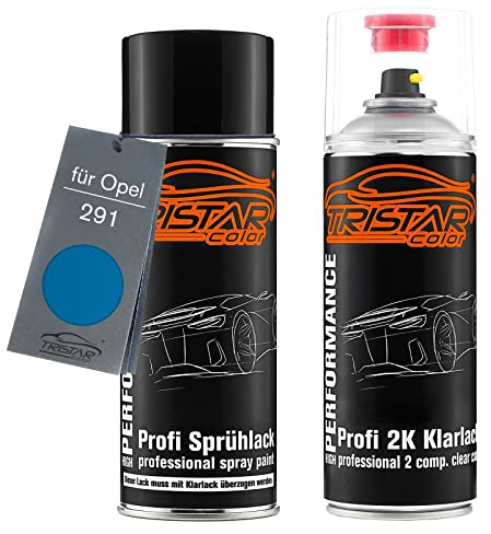 TRISTARcolor Autolack Set Spraydose für Opel 291 Ardenblau Metallic +2K | Arden Blue Metallic, Set aus Basislack + 2K Klarlack, Sprühdosen 400ml