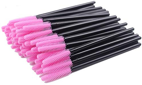 BIHRTC Pack of 100 One-Off Disposable Silicone Eyelash Mascara Brushes Wands Applicator Eyebrow Brush Makeup Tool Kit Set Deep pink