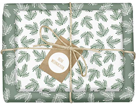4x Öko-Geschenkpapier Weihnachten: grün-weiße Tannenzweige | hochwertige, beidseitig bedruckte Bögen Weihnachtsgeschenkpapier | inkl. 4x Anhänger im Set | Recycling-Papier | edel, für Erwachsene